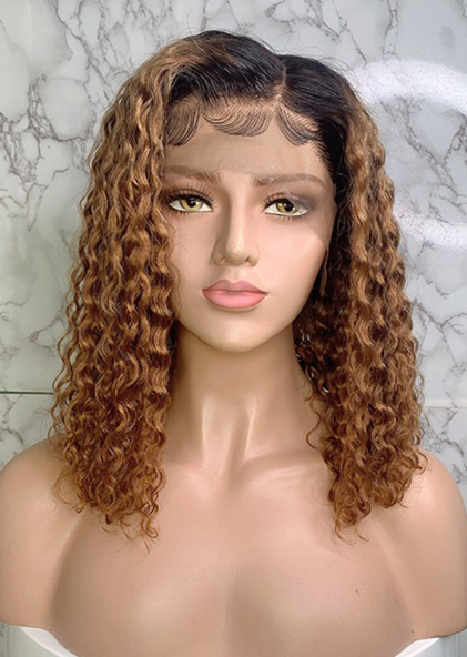 16inch 1B 30 Curly Brazilian Remy Hair Lace Wig Ombre Color Lace Front