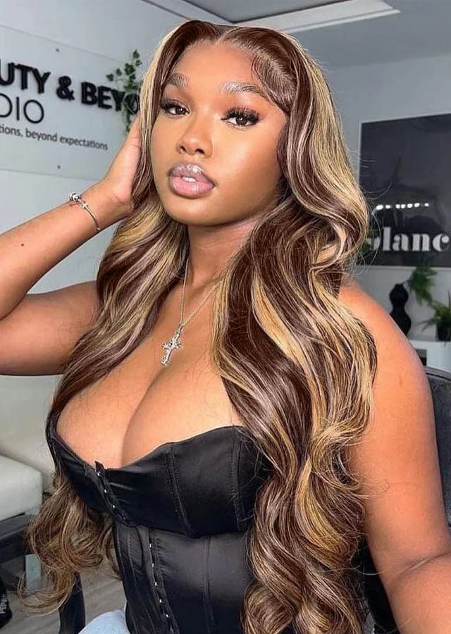 Piano Highlight Color 4/27 360 Lace Frontal Wigs Honey Blonde Body Wave Lace Front Wigs Pre-Plucked Highlight Wigs 